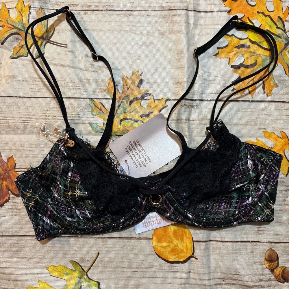 Savage X Fenty Black and Green Plaid Lace Bralette